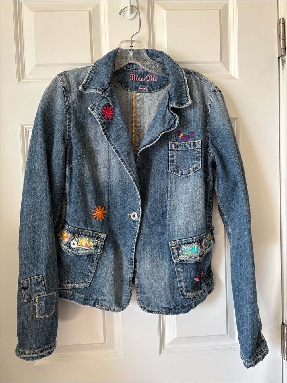 Miss Me Blue Denim Embroidered Jean Jacket Blazer with distressing